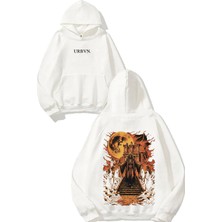 Urbvn Halloween Skull Tasarım Baskılı Oversize Beyaz Kapüşonlu Sweatshirt