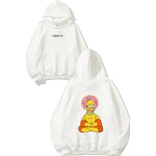 Urbvn Meditation Simpson Tasarım Baskılı Oversize Beyaz Kapüşonlu Sweatshirt