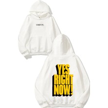 Urbvn Yes Right Now Tasarım Baskılı Oversize Beyaz Kapüşonlu Sweatshirt