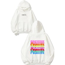 Urbvn Positive Renkli Tasarım Baskılı Oversize Beyaz Kapüşonlu Sweatshirt