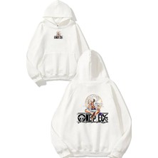 Urbvn One Piece 4 Tasarım Baskılı Oversize Beyaz Kapüşonlu Sweatshirt