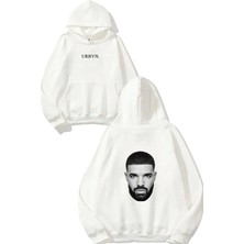 Urbvn Drake Yüz Tasarım Baskılı Oversize Beyaz Kapüşonlu Sweatshirt
