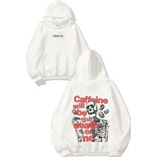 Urbvn Caffeine Tasarım Baskılı Oversize Beyaz Kapüşonlu Sweatshirt