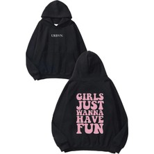 Urbvn Girls Wanna Fun Tasarım Baskılı Oversize Siyah Kapüşonlu Sweatshirt