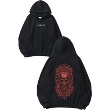 Urbvn Rock And Roll Kurukafa Tasarım Baskılı Oversize Siyah Kapüşonlu Sweatshirt