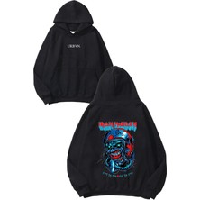 Urbvn Live To Fly Tasarım Baskılı Oversize Siyah Kapüşonlu Sweatshirt