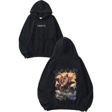 Urbvn Antik Resim Tasarım Baskılı Oversize Siyah Kapüşonlu Sweatshirt