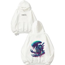 Urbvn Alien Renkli Tasarım Baskılı Oversize Beyaz Kapüşonlu Sweatshirt