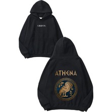 Urbvn Athena Tasarım Baskılı Oversize Siyah Kapüşonlu Sweatshirt