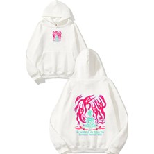 Urbvn Pink Ghosts Tasarım Baskılı Oversize Beyaz Kapüşonlu Sweatshirt