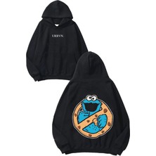 Urbvn Kurabiye Canavarı Tasarım Baskılı Oversize Siyah Kapüşonlu Sweatshirt