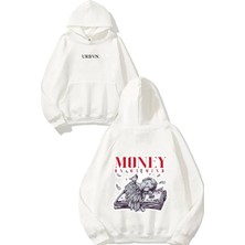 Urbvn Money On My Mind Tasarım Baskılı Oversize Beyaz Kapüşonlu Sweatshirt
