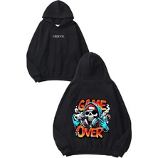 Urbvn Game Over Sprey Tasarım Baskılı Oversize Siyah Kapüşonlu Sweatshirt