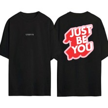 Urbvn Just Be Tasarım Baskılı Siyah Oversize T Shirt