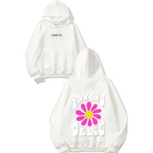 Urbvn Psycho Delic Tasarım Baskılı Oversize Beyaz Kapüşonlu Sweatshirt