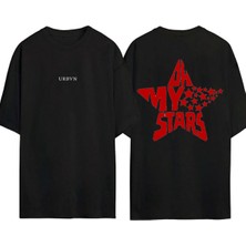 Urbvn My Stars Tasarım Baskılı Siyah Oversize T Shirt