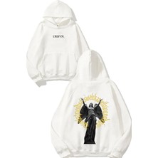Urbvn Heykel Melek Tasarım Baskılı Oversize Beyaz Kapüşonlu Sweatshirt