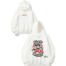 Urbvn Fck World Tasarım Baskılı Oversize Beyaz Kapüşonlu Sweatshirt