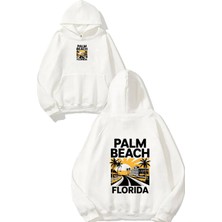 Urbvn Palm Beach Tasarım Baskılı Oversize Beyaz Kapüşonlu Sweatshirt