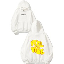 Urbvn Feel The Vibe Tasarım Baskılı Oversize Beyaz Kapüşonlu Sweatshirt