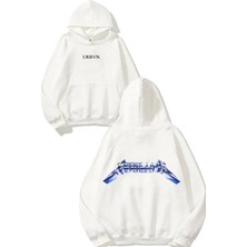 Urbvn Metallica Blue Tasarım Baskılı Oversize Beyaz Kapüşonlu Sweatshirt