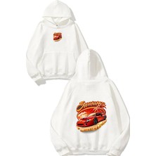 Urbvn Red Car Tasarım Baskılı Oversize Beyaz Kapüşonlu Sweatshirt
