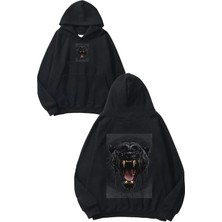Urbvn Panther Tasarım Baskılı Oversize Siyah Kapüşonlu Sweatshirt