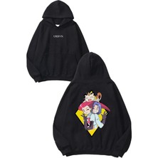 Urbvn Girls 1 Tasarım Baskılı Oversize Siyah Kapüşonlu Sweatshirt