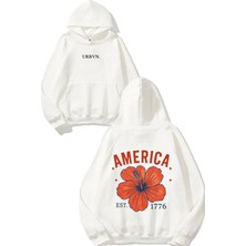 Urbvn America Flower Tasarım Baskılı Oversize Beyaz Kapüşonlu Sweatshirt