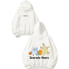 Urbvn Scared Pants Tasarım Baskılı Oversize Beyaz Kapüşonlu Sweatshirt