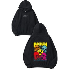 Urbvn Pacman Renkli Tasarım Baskılı Oversize Siyah Kapüşonlu Sweatshirt