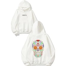 Urbvn Mexican Skull Tasarım Baskılı Oversize Beyaz Kapüşonlu Sweatshirt