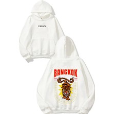 Urbvn Bangkok Tiger Tasarım Baskılı Oversize Beyaz Kapüşonlu Sweatshirt