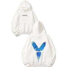 Urbvn Paradise Bird Tasarım Baskılı Oversize Beyaz Kapüşonlu Sweatshirt