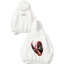 Urbvn Deadpool Mask Tasarım Baskılı Oversize Beyaz Kapüşonlu Sweatshirt