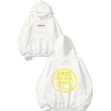 Urbvn Teen Spirit Tasarım Baskılı Oversize Beyaz Kapüşonlu Sweatshirt