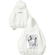 Urbvn White Anime Tasarım Baskılı Oversize Beyaz Kapüşonlu Sweatshirt
