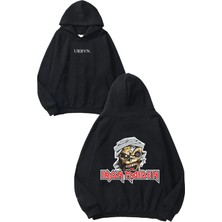 Urbvn Iron Maiden Face Tasarım Baskılı Oversize Siyah Kapüşonlu Sweatshirt