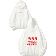 Urbvn Half Evil Tasarım Baskılı Oversize Beyaz Kapüşonlu Sweatshirt