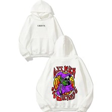 Urbvn Get Rich Tasarım Baskılı Oversize Beyaz Kapüşonlu Sweatshirt