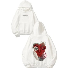 Urbvn Red Soul Tasarım Baskılı Oversize Beyaz Kapüşonlu Sweatshirt