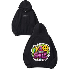 Urbvn Smile Spray Tasarım Baskılı Oversize Siyah Kapüşonlu Sweatshirt