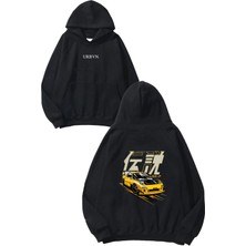 Urbvn Yellow Car Tasarım Baskılı Oversize Siyah Kapüşonlu Sweatshirt