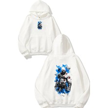 Urbvn Guardian Blue Tasarım Baskılı Oversize Beyaz Kapüşonlu Sweatshirt