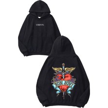 Urbvn Bon Jovi Heart Tasarım Baskılı Oversize Siyah Kapüşonlu Sweatshirt