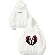 Urbvn Horror Love Tasarım Baskılı Oversize Beyaz Kapüşonlu Sweatshirt