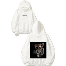 Urbvn Lion Face Tasarım Baskılı Oversize Beyaz Kapüşonlu Sweatshirt