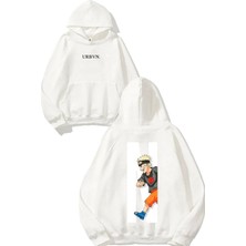 Urbvn Anime N Tasarım Baskılı Oversize Beyaz Kapüşonlu Sweatshirt