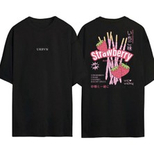Urbvn Strawberry 3 Tasarım Baskılı Siyah Oversize T Shirt