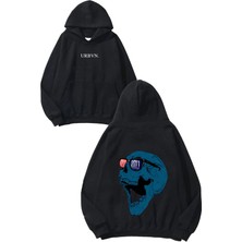 Urbvn Rock And Roll Kurukafa Tasarım Baskılı Oversize Siyah Kapüşonlu Sweatshirt